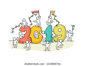 2019 Happy New Year background. Cartoon doodle illustration with liitle people prepare to celebration. Hand drawn vector illustration.