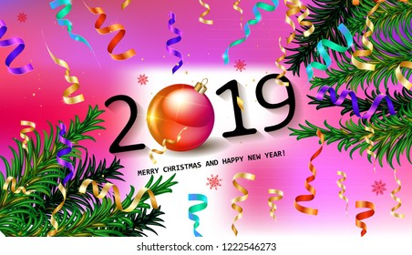 2019 happy New Year background, fir branches and confetti. Christmas greeting card or poster. Vector illustration.