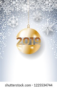 2019 Happy New Year background. Golden balls and ice for postcard, calendar and greeting