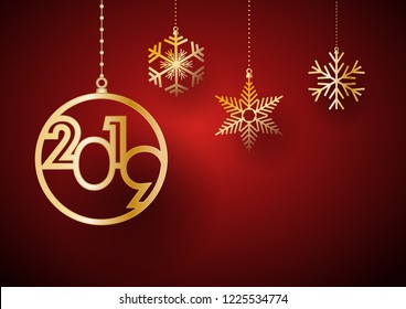 2019 Happy New Year background. Golden balls and ice for postcard, calendar and greeting
