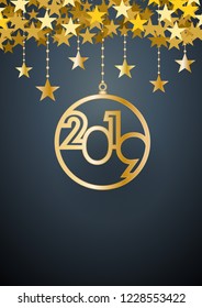 2019 Happy New Year background. Golden balls and stars for postcard, calendar and greeting