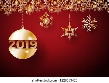 2019 Happy New Year background. Golden balls and ice for postcard, calendar and greeting
