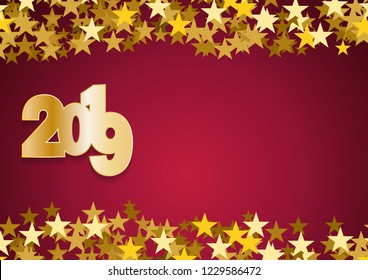 2019 Happy New Year background. Golden balls and stars for postcard, calendar and greeting