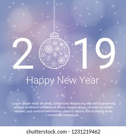 2019 Happy New Year background with Christmas ball and snowflakes on blue abstract background. Vector greeting illustration.