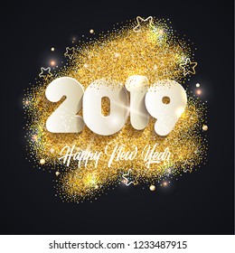 2019 Happy New Year background. Vector illustration on gold glitters.