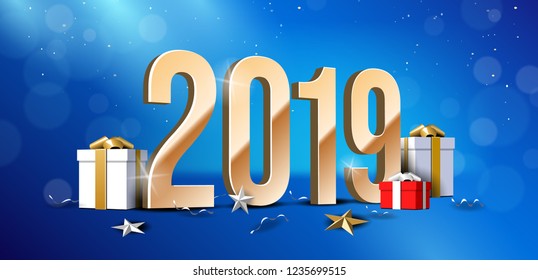 2019 Happy New Year Background, Card, Banner, Flyer Or Christmas Themed Invitations. Blue Illustration With Golden Digits, Snowflake And Gift Box. Vector EPS 10.