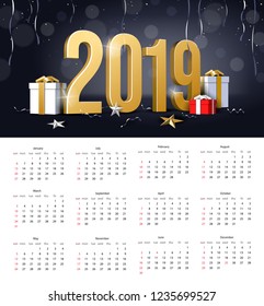2019 Happy New Year Сalendar, Background, Card, Banner, Flyer Or Christmas Themed Invitations. Black Illustration With Golden Digits, Snowflake And Gift Box. Vector EPS 10.