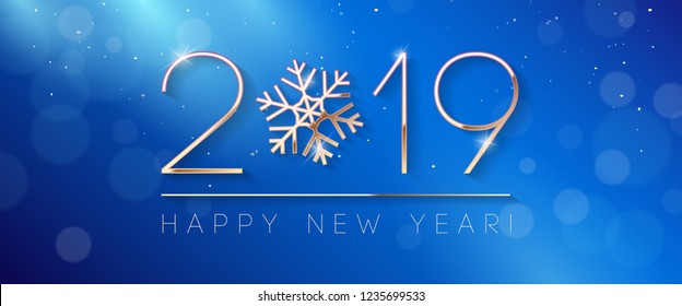 2019 Happy New Year Background, Card, Banner, Flyer Or Christmas Themed Invitations. Blue Illustration With Golden Digits And Snowflake. Vector EPS 10.