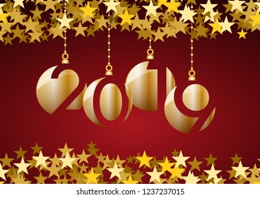 2019 Happy New Year background. Golden balls and stars for postcard, calendar and greeting