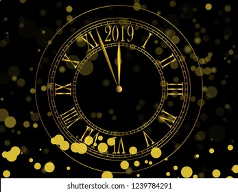 2019 Happy New Year Background. Luxury concept with golden color. suitable for Seasonal Flyers and Greetings Card. Luxury golden wall clock with 2019 and roman numbers - vector illustration