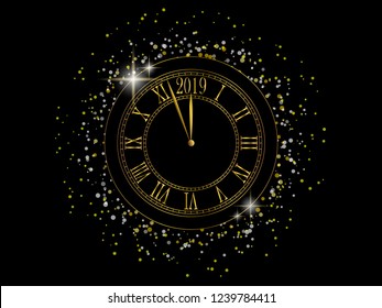 2019 Happy New Year Background. Luxury concept with golden color. suitable for Seasonal Flyers and Greetings Card. Luxury golden wall clock face with burst glitter with 2019 and roman numbers - vector