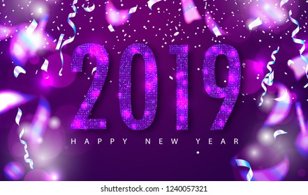 2019 Happy New Year background with sequins and serpentine. Modern design.Universal vector background for poster, banners, flyers, card.