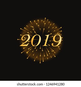 2019 Happy New Year background with number and golden glitter. Gold number 2019 and text happy new year, vector design template. Greeting card design