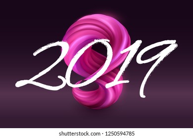 2019 happy new year background with realistic paint curl. vector illustration
