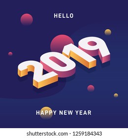 2019 Happy New Year background with 3D text and circle gradient pattern - Illustration