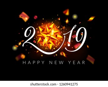 2019 Happy New Year background, greeting card. Calligraphic 2019 number, shiny gold ribbon, confetti, stars, lights. Black and gold Happy New Year banner. New Year eve. Vector illustration. EPS 10