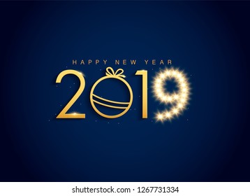2019 Happy New Year background. Vector illustration. Gold Numbers Design of greeting card.