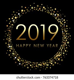 2019 Happy New Year background with number and golden glitter. Gold number 2019 and text happy new year, vector design template. Greeting card design. 2020, 2021, 2022 calendar concept set.