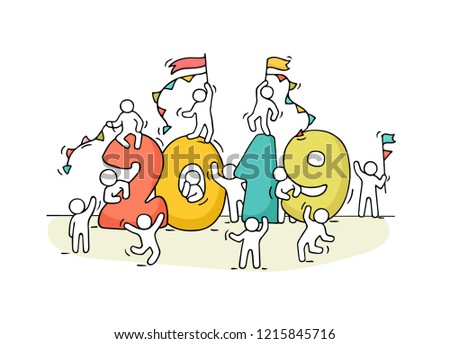2019 Happy New Year background. Cartoon doodle illustration with liitle people prepare to celebration. Hand drawn vector illustration.