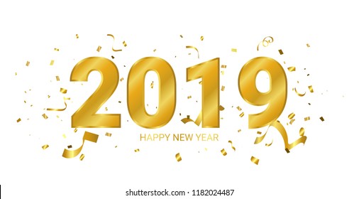 2019 Happy New Year Banner With Explostion Golden confetti and ribbon. congratulations. concept Design. Vector Illustration