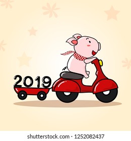 2019 Happy New Year banner. Cute pig riding red motorcycle with numbers.