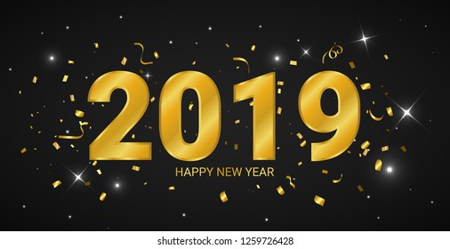 2019 Happy New Year Banner With Light star ,Glitter Golden confetti and ribbon. congratulations. concept Design. Vector Illustration