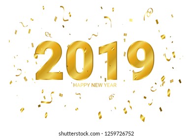 2019 Happy New Year Banner With Explostion Golden confetti and ribbon. congratulations. concept Design. Vector Illustration