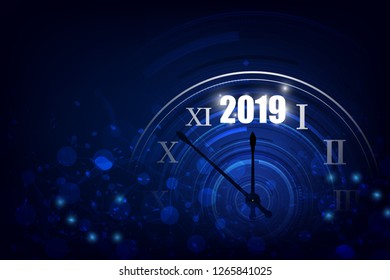  2019 Happy New Year banner with  round clock. Vector illustration. 