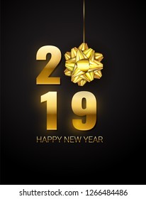 2019 Happy New Year banner decorated with Realistic Gift Bow isolated on black backdrop. Glossy concept design for Christmas, Xmas winter holidays. Vector illustration EPS 10 file