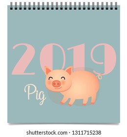 2019 Happy New Year banner with Cute pig. Vector illustration.