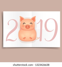 2019 Happy New Year banner with Cute pig. Vector illustration.