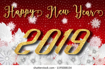 2019 Happy New Year  with beautiful flower and snowfall,snowflakes,winter,light,stars patterned paper cut art and craft style on Luxury background.for greetings card, flyers, invitation.vector