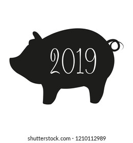 2019 Happy New Year of a black pig,  pig silhouette with numbers isolated on white background