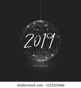2019 Happy new year black background. Numbers and glow Christmas ball design greeting card. Vector illustration
