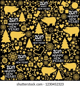 2019 Happy New Year! Black and gold seamless pattern. Winter holidays. Texture for scrapbooking, wrapping paper, textiles, home decor. Vector Illustration