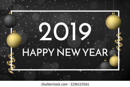 2019 happy new year black matte banner with white frame, black and gold christmas balls. Premium holiday vector illustration, eps10