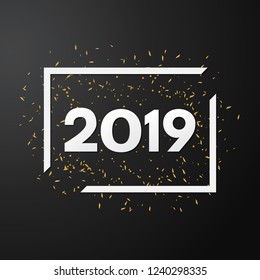 2019 Happy New Year black background with golden confetti 