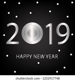 2019 happy New Year black background. Silver decoration with glowing neon number. Vector winter holiday greeting card template.