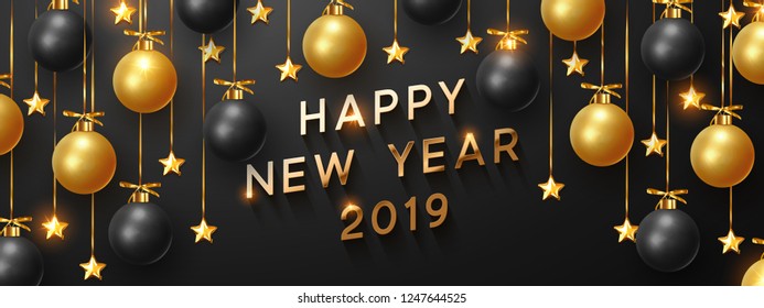 2019 Happy New Year bright background hanging with black and gold balls. Horizontal banner, posters, greeting cards, headers, website.