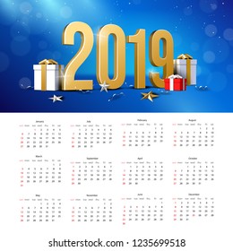 2019 Happy New Year Calendar, Background, Card, Banner, Flyer Or Christmas Themed Invitations. Blue Illustration With Golden Digits, Snowflake And Gift Box. Vector EPS 10.