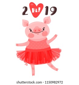 2019 Happy New Year card design. Symbol of the Chinese calendar cute pig greets with love. Dancing piglet in a ballet tutu. Vector illustration in cartoon style.