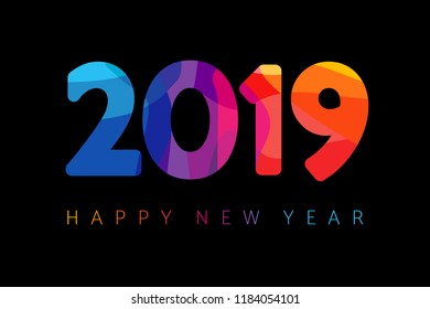 2019 Happy New Year card design. Vector happy new year greeting illustration with colored 2019 numbers on black background