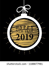 2019 Happy New Year card or background.
Trendy style with hand-lettering words.
Black, white, gold colors design.
Banner template for flat design.  Vector illustration
