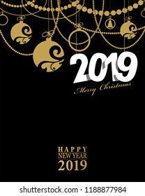 2019 Happy New Year card or background.
Trendy style with hand-lettering words.
Black, white, gold colors design.
Banner template for flat design.  Vector illustration
