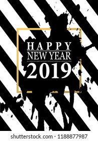 2019 Happy New Year card or background.
Trendy style with hand-lettering words.
Black, white, gold colors design.
Banner template for flat design.  Vector illustration
