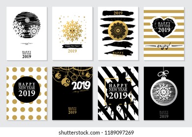 2019 Happy New Year card or background.
Trendy style with hand-lettering words.
Black, white, gold colors design.
Banner template for flat design. Vector illustration