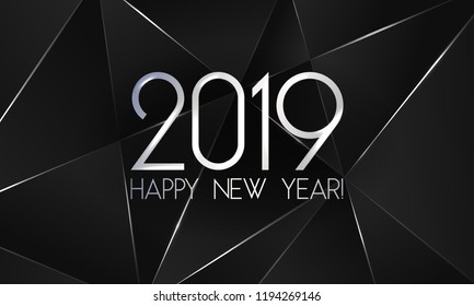 2019 Happy New Year card with premium polygonal gradient triangles and foil texture lines background. Festive rich design for holiday card, invitation, calendar poster. Happy 2019 New Year silver text