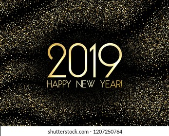 2019 Happy New Year card, fashionable gold confetti. 2019 holiday card, banner or party poster design with wishes of happiness in New Year night. Gold glitter confetti sparkles on black.