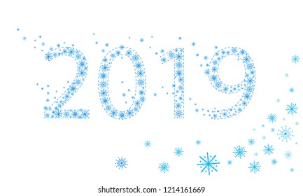 2019 Happy New Year card. Heavy snowfall, snowflakes in different shapes.