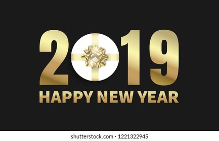 2019. Happy New Year. Card with gold shiny typography and realistic gift .